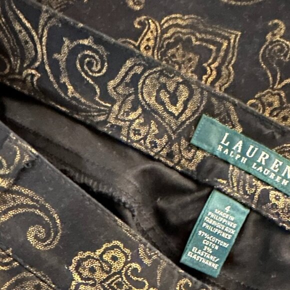 LAUREN Ralph Lauren Black/Gold Metallic Damask Style Print Jeans NWOT Size 4 - Picture 3 of 10